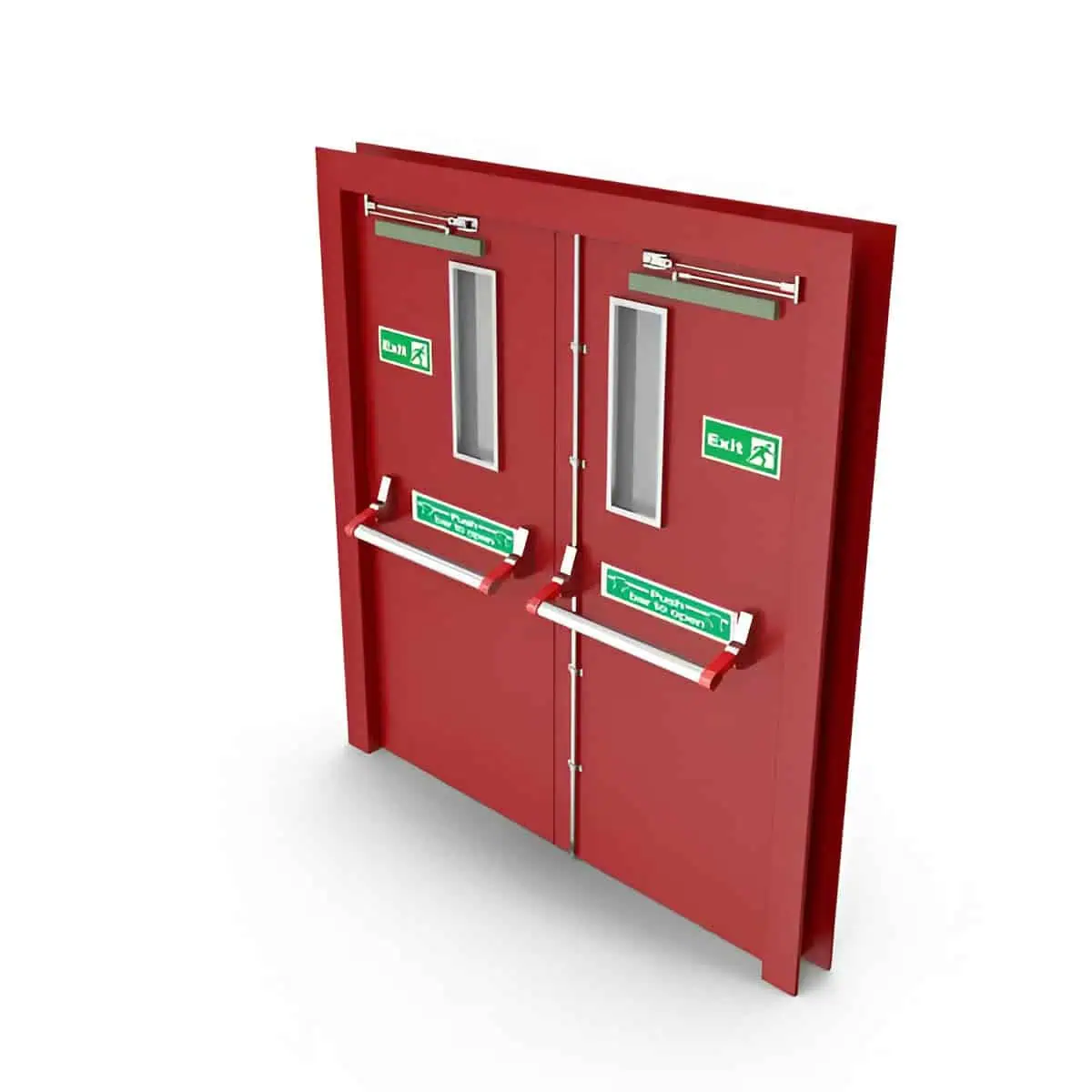 Acil çıkış kapısı, yangın ve çelik kapı sistemleri, that provide safety and fire resistance, with visibility windows, safety signage ve manual push bar, güvenli tahliye için tasarlandı.