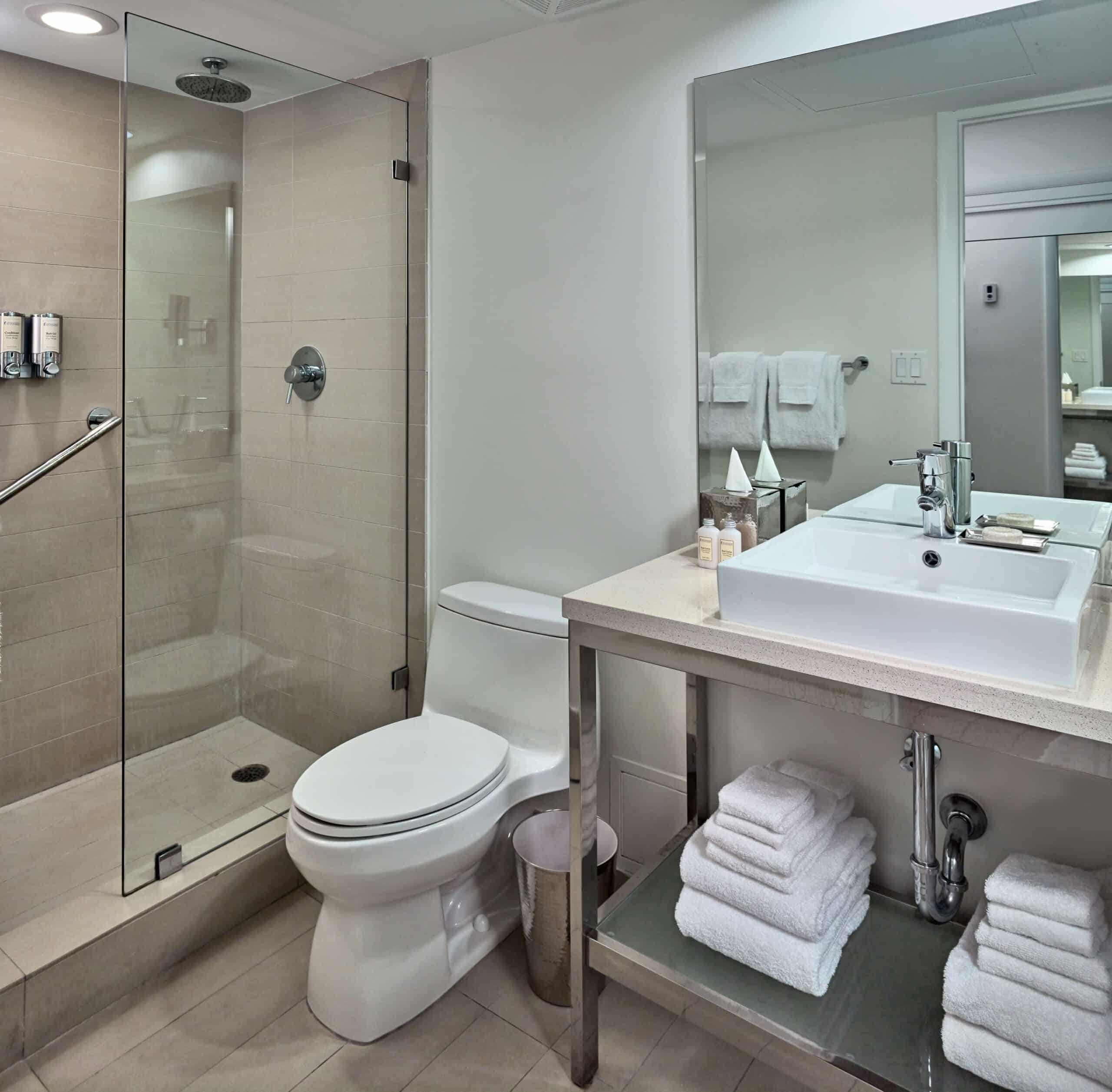 Hotel guestroom bathroom.