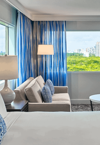 Junior suite featuring a bed, couch, TV, and window, creating a cozy and inviting atmosphere.