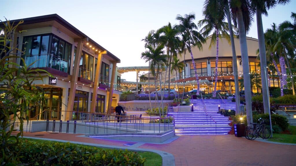 Outdoor event space with purple-lit stairs surrounded by palm trees at dusk.