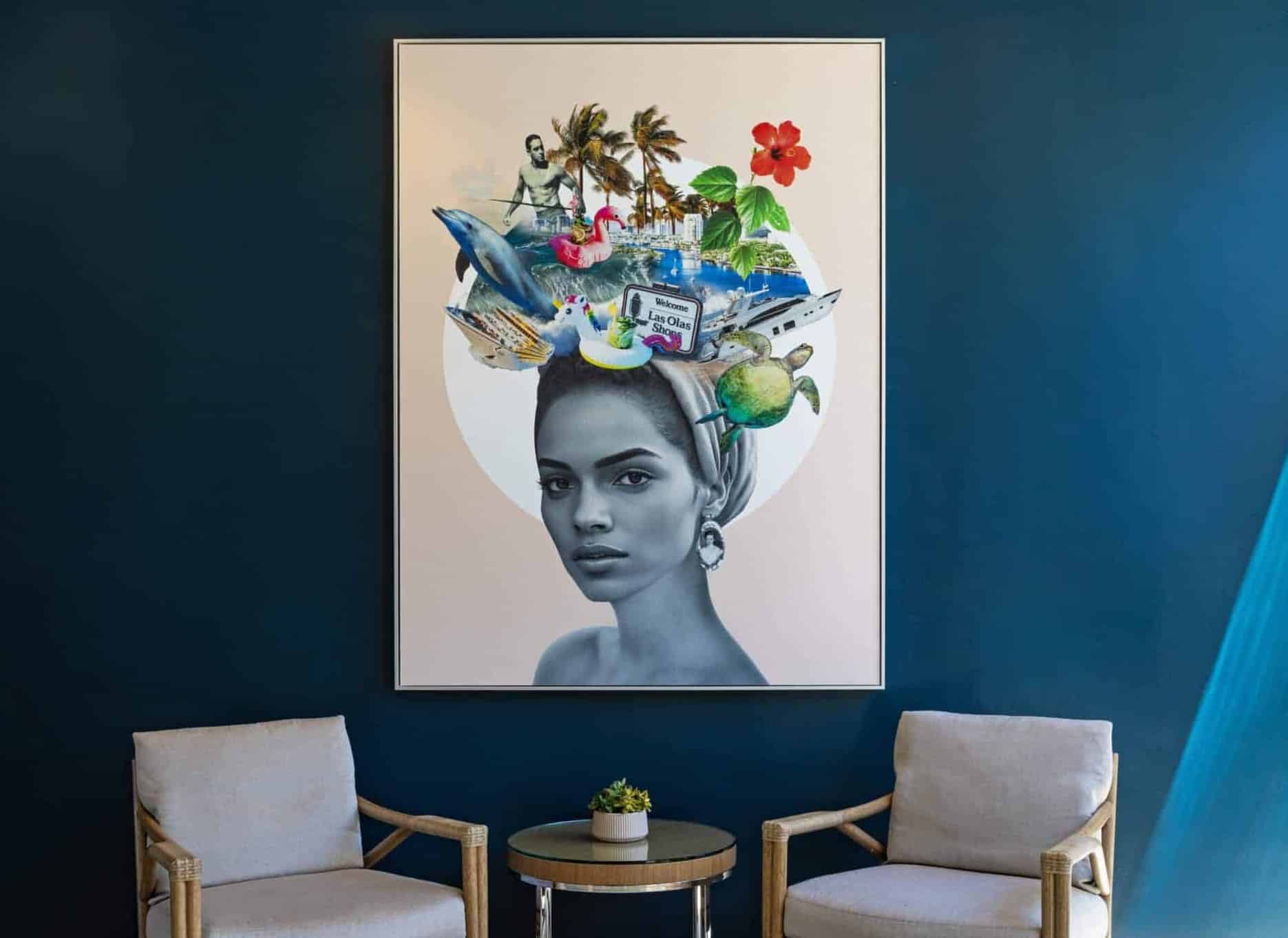 Artwork depicting a woman in a artistic hat, surrounded by a blue room, from "The Tapestry of Self Fort Lauderdale.