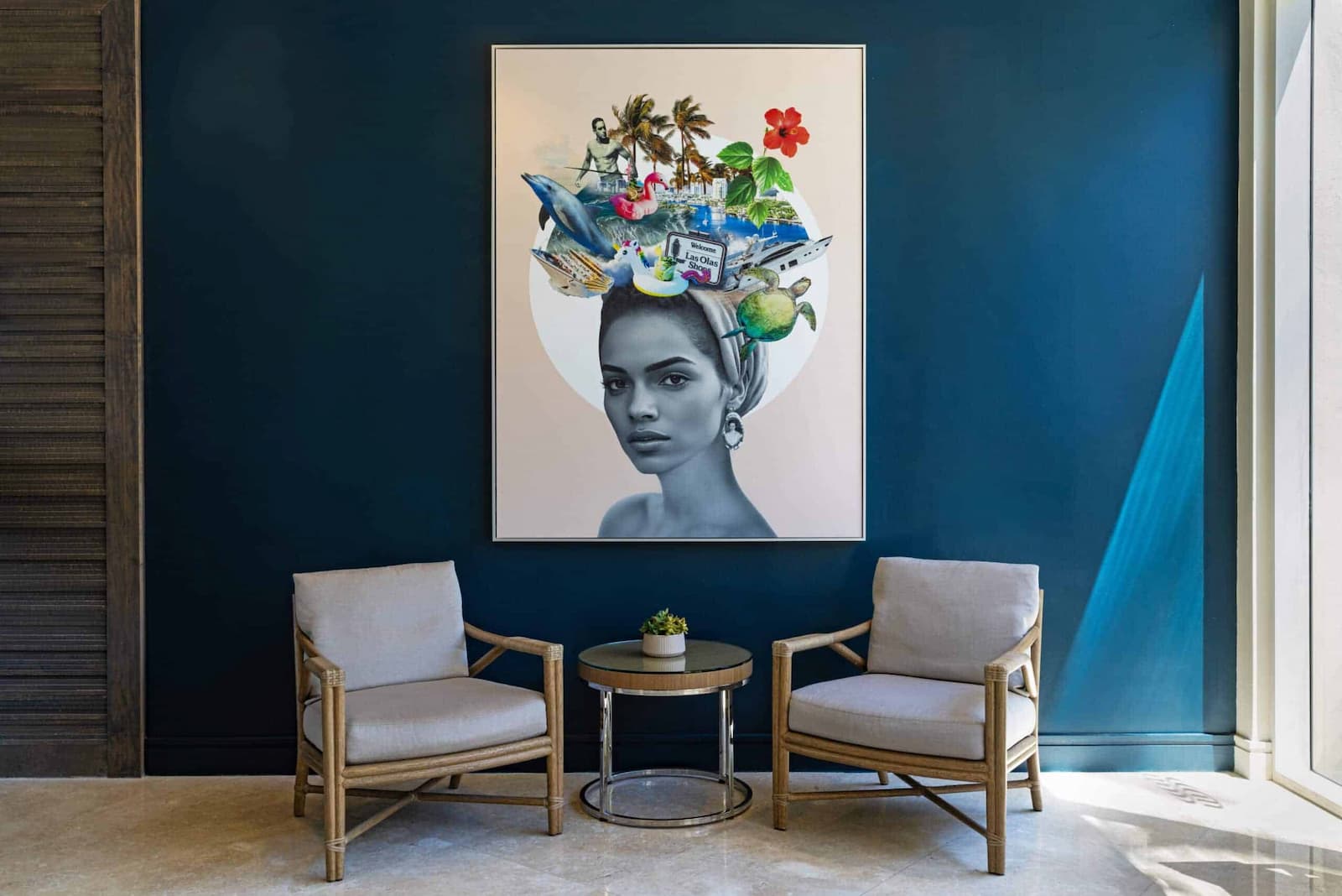 Artwork depicting a woman in a artistic hat, surrounded by a blue room, from "The Tapestry of Self Fort Lauderdale.