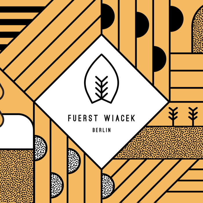 Elegant abstract design with earthy tones featuring brewery elements, leaves, and typography related to FUERST WIACEK Berlin brewery.