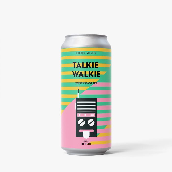 Can of FUERST WIACEK Talkie Walkie West Coast IPA with colorful, modern label design featuring a stylized walkie-talkie illustration.