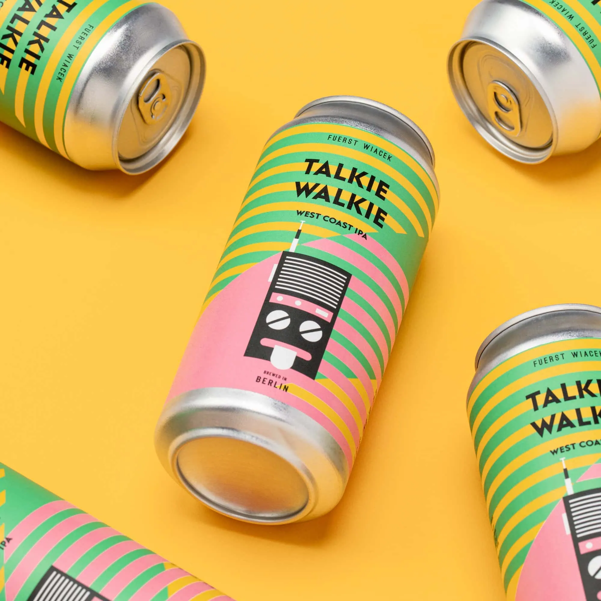Talkie walkie west coast IPA beer can, colorful label design, Brewed by Fuerst Wiacek Brewery in Berlin, featuring a retro radio graphic, modern craft beer packaging for West Coast IPA enthusiasts.