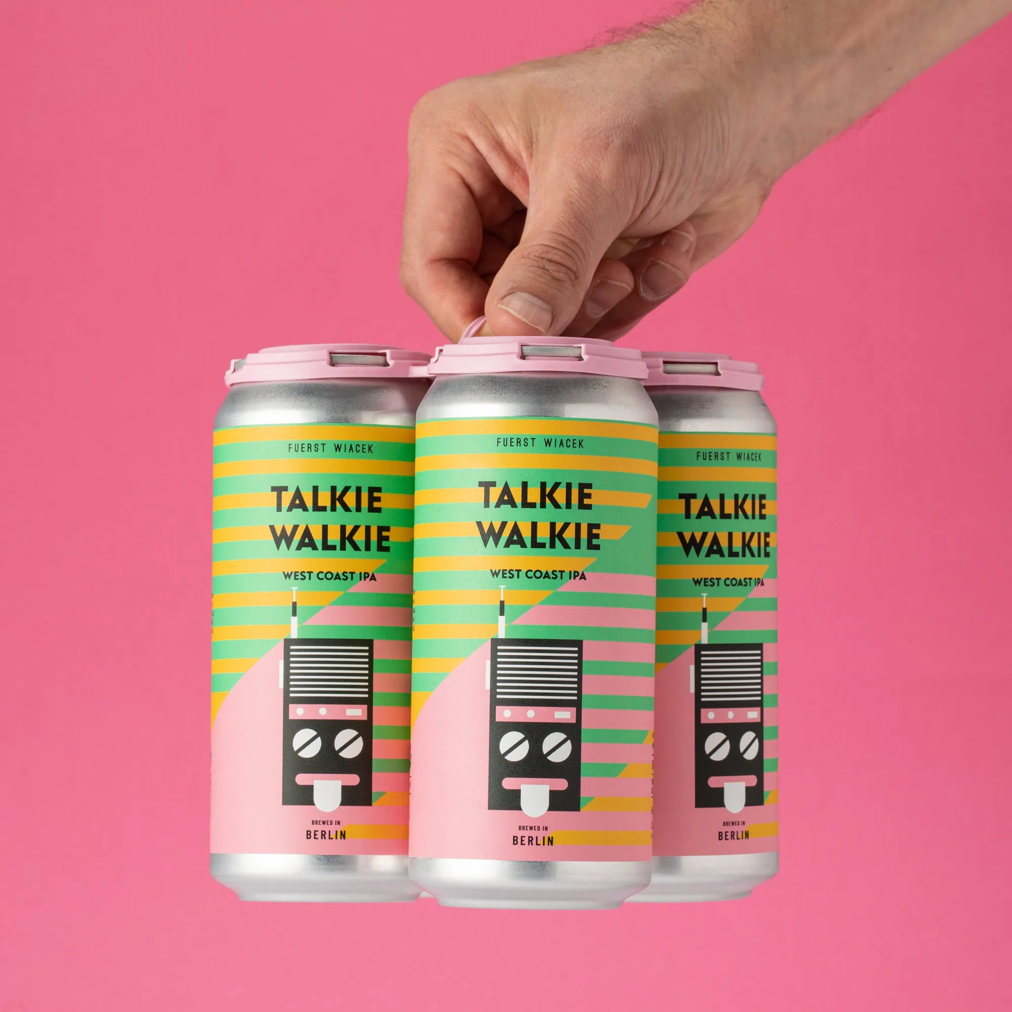Talkie walkie West Coast IPA cans with vibrant pink, yellow, green, and black design by Fuerst Wiacek Brewery in Berlin.