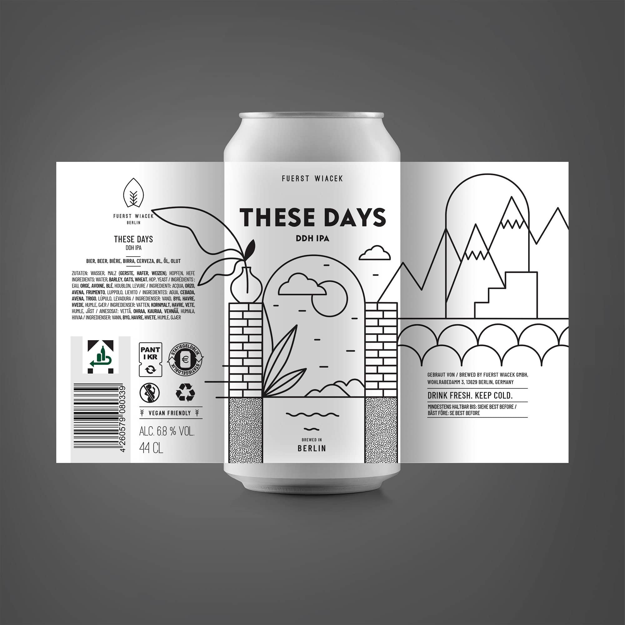 Dosenlogo und Bierdosenetikett für die Brauerei FUERST WIACEK im minimalistischen schwarz-weißen Linienstil, um das DDH IPA Bier "These Days" in Berlin zu präsentieren.