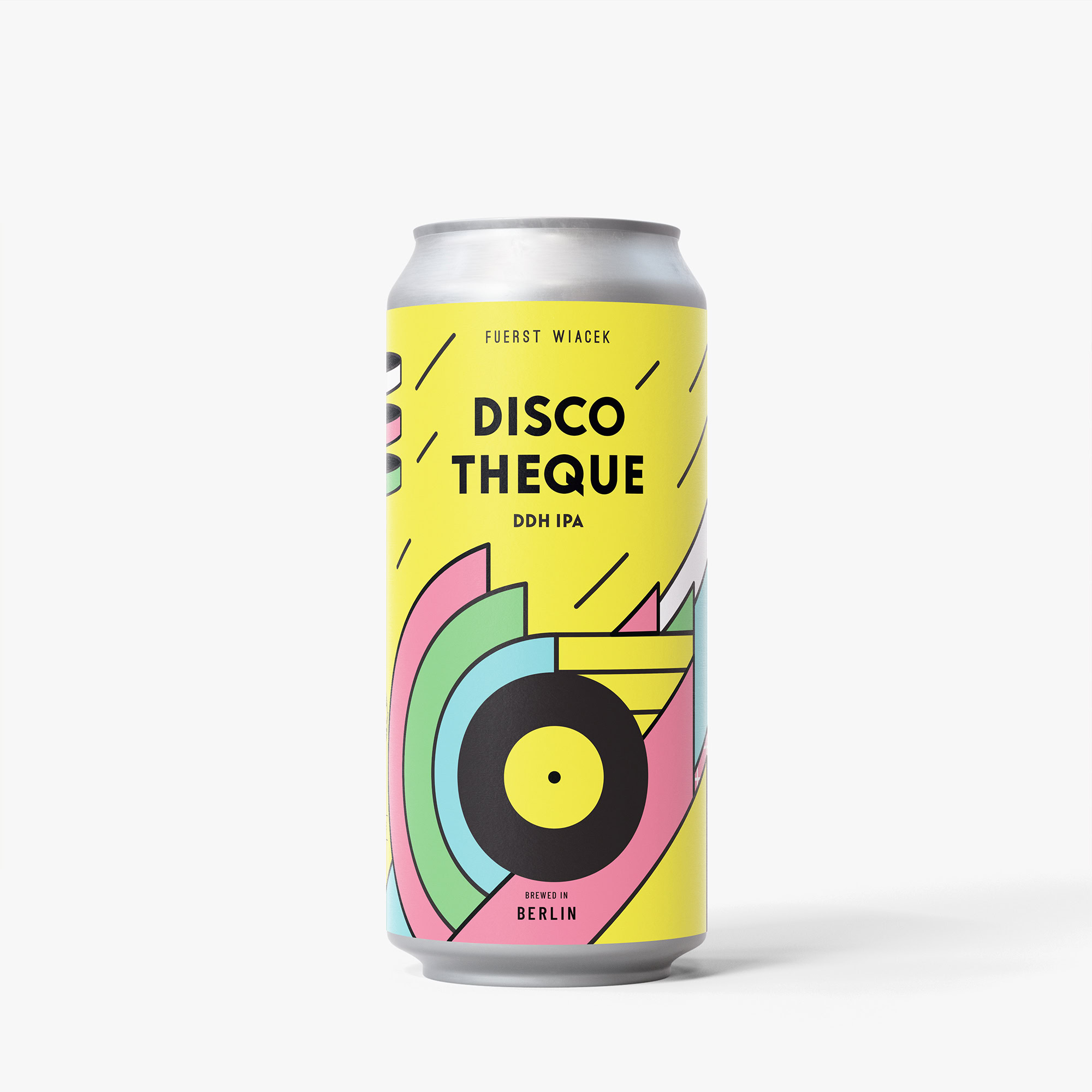 Bright yellow can of Fuerst Wiacek Disco Theque DDH IPA with colorful geometric design, showcasing a modern craft beer from Berlin.