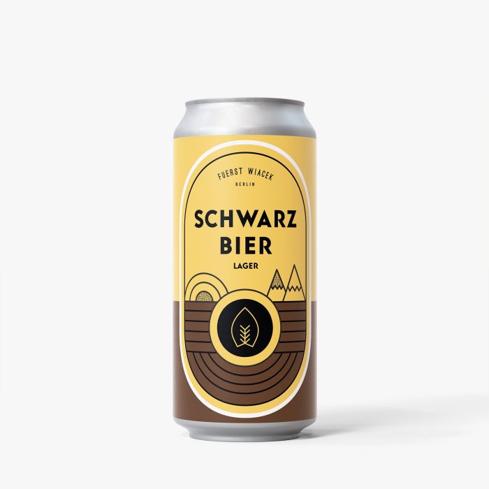 Canned Schwarz Bier Lager by Fuerst Wiacek Brewery in Berlin with modern minimalist label design, emphasizing quality craft brewing.