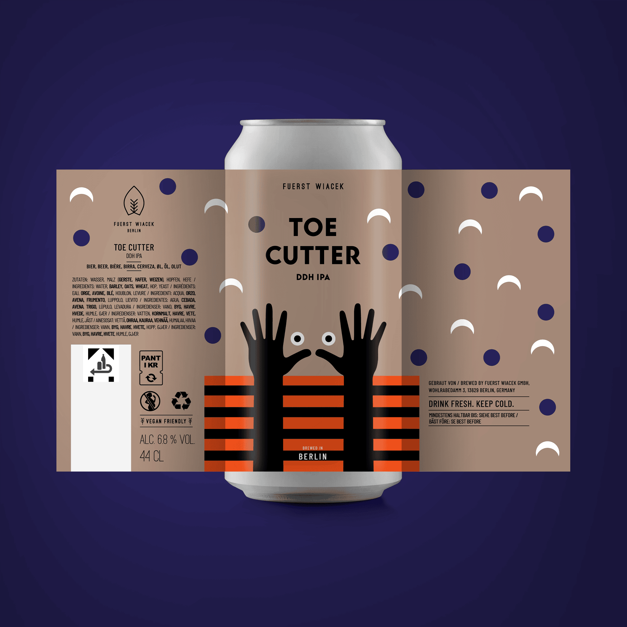 Smooth craft beer can label design for Fuerst Wiacek Brewery’s Toe Cutter DDH IPA, featuring playful graphics, detailed ingredients, and brewery information, emphasizing quality and brewing expertise.