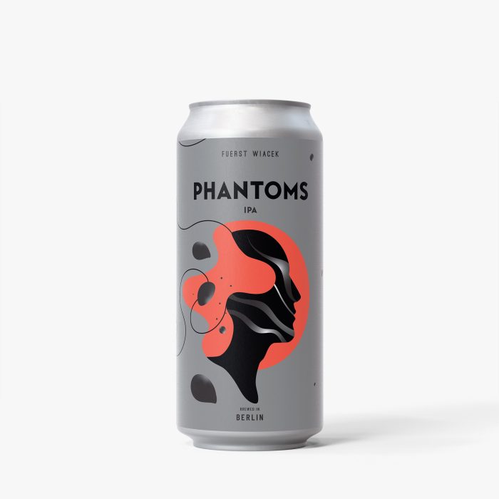 Modern can design for FUERST WIACEK Phantoms IPA featuring abstract black and red artwork. Perfect for craft beer enthusiasts and collectors.