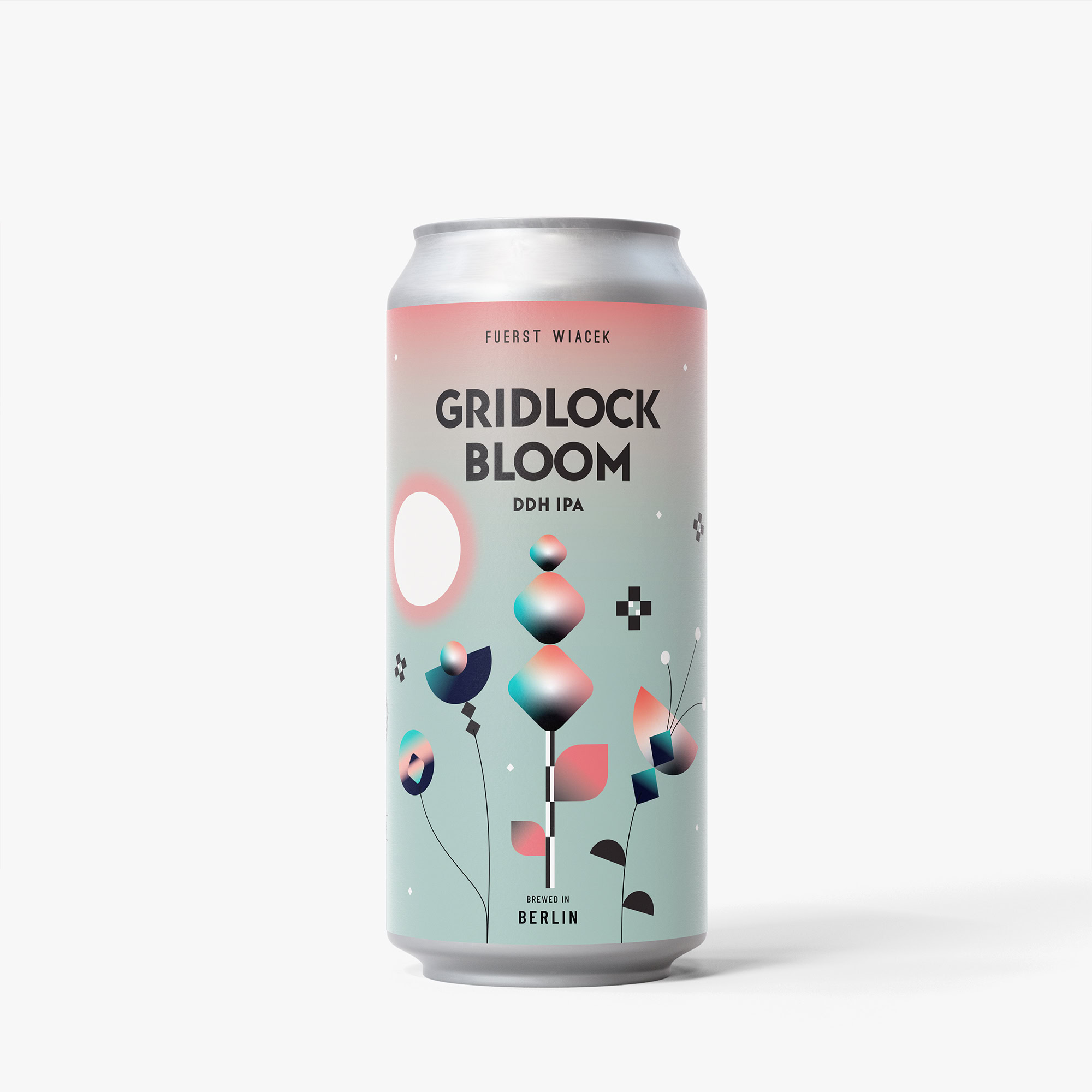 Modern can of Gridlock Bloom DDH IPA by Fuerst Wiacek Brewery featuring abstract geometric design and pastel colors.