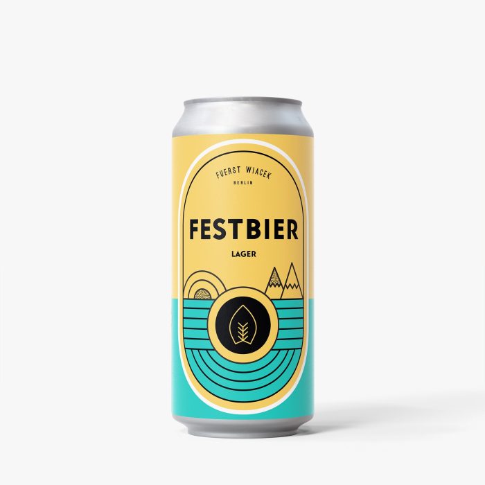 Leuchtend gelbes und türkisfarbenes Bierdosenetikett mit Berg- und Wasserwellenillustrationen für die Brauerei FUERST WIACEK, das das Festbier Lager präsentiert.