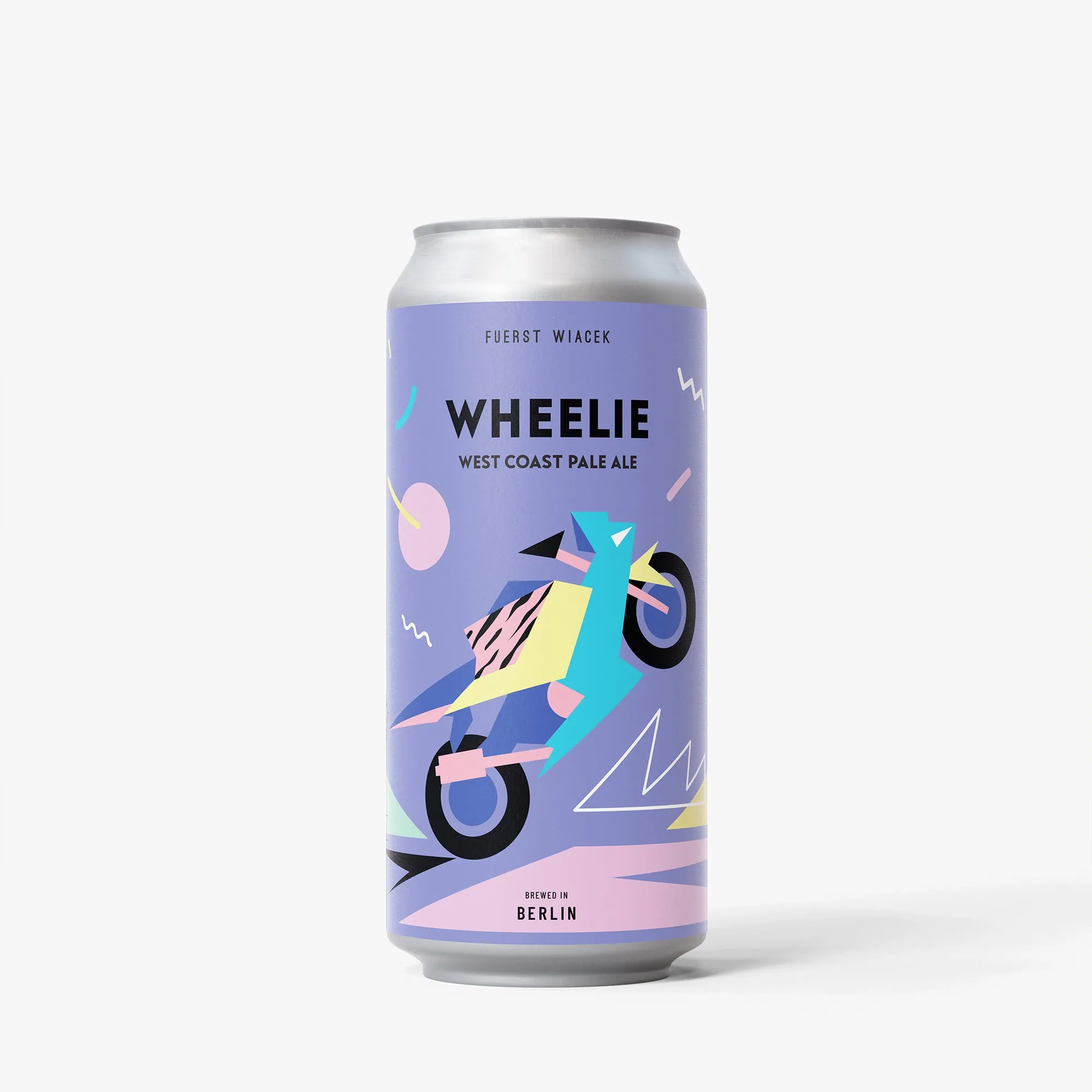 West Coast Pale Ale-Dose mit bunter, abstrakter Illustration eines Motorrads auf hellviolettem Hintergrund, gebraut von der Brauerei Fürst Wiacek in Berlin.