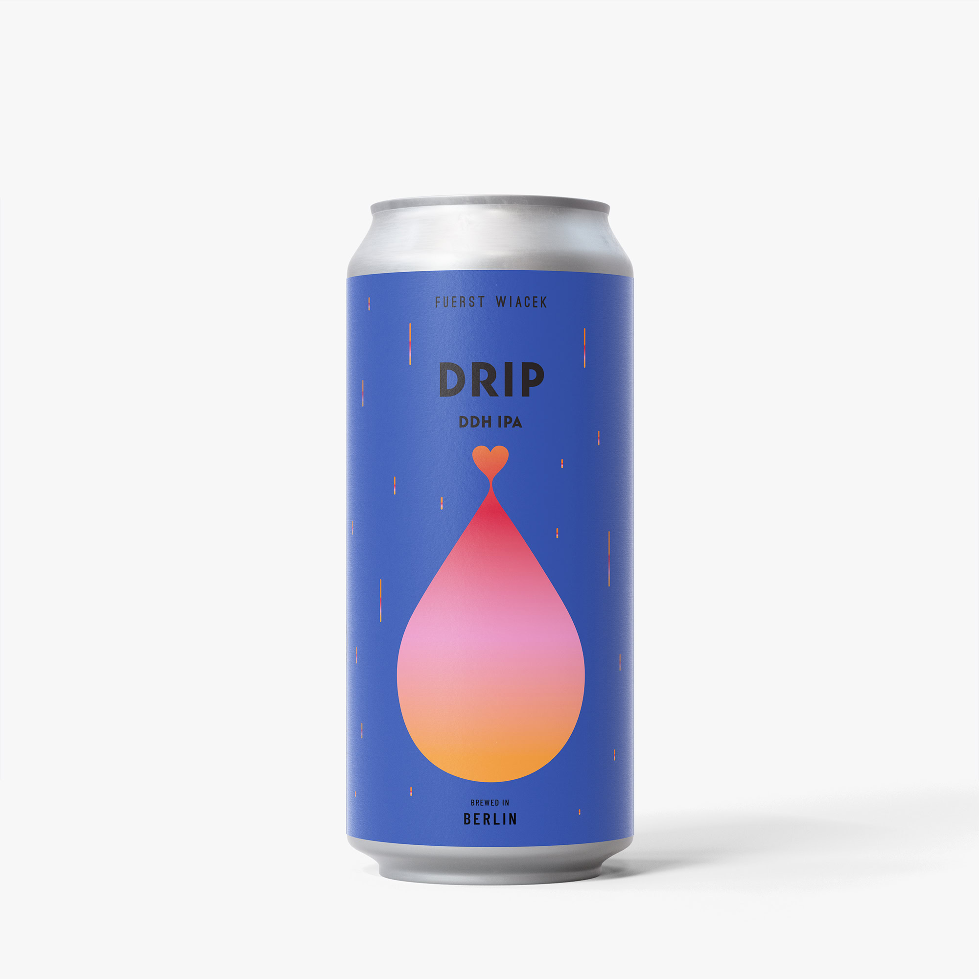Modern can of Fuerst Wiacek Drip DDH IPA featuring a colorful droplet design on a blue background. Perfect for craft beer enthusiasts and IPA lovers.