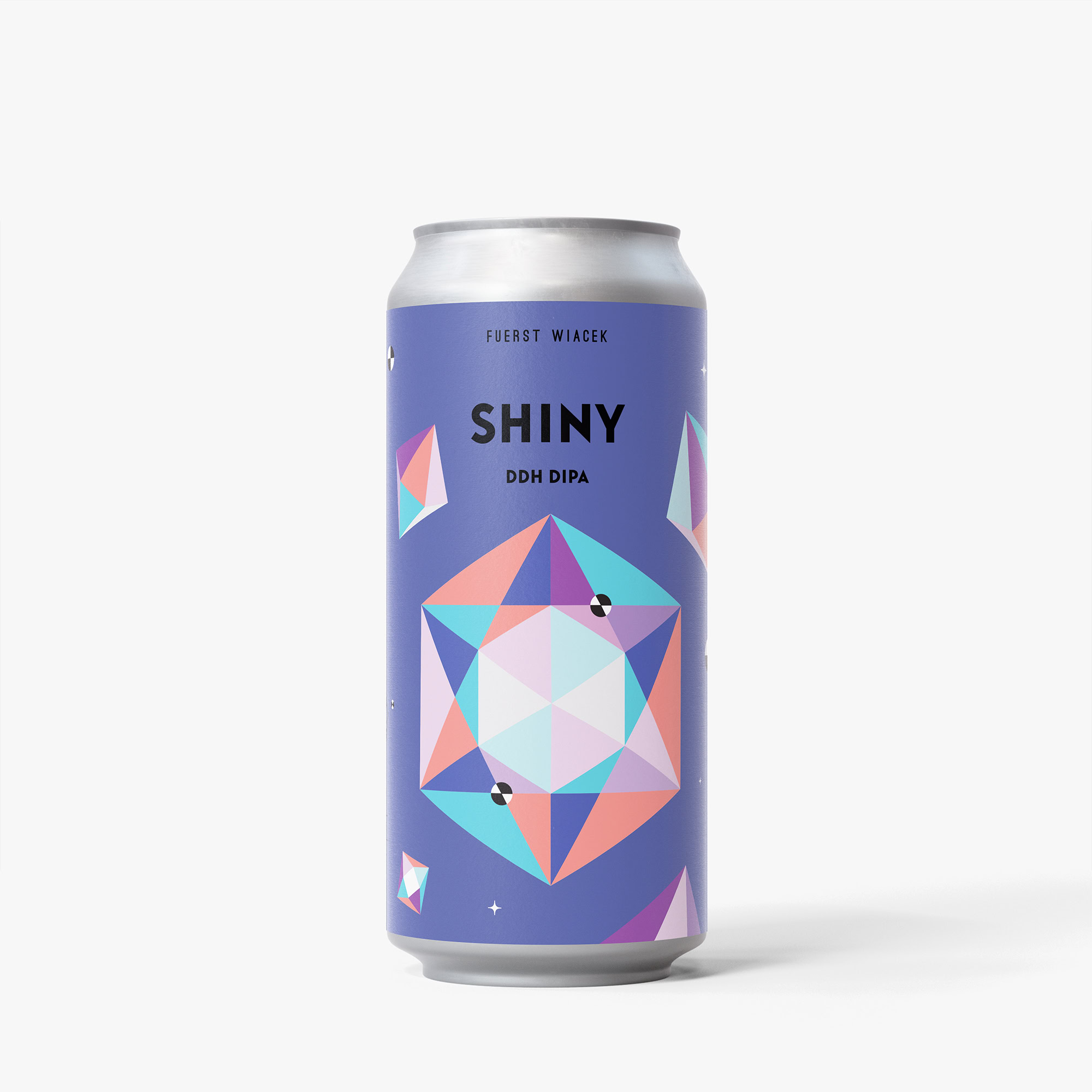 Hochwertiges Bild der Shiny DDH DIPA Bierdose von FUERST WIACEK mit geometrischem Design.
