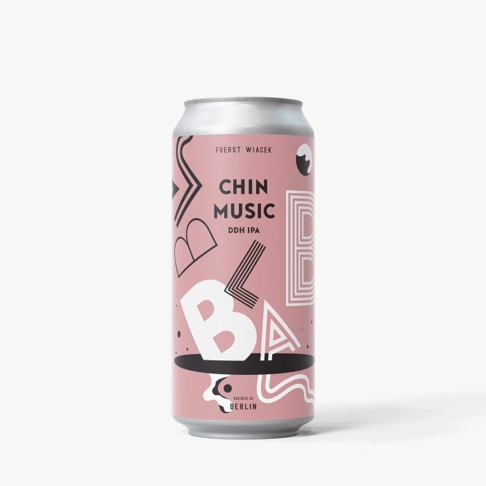 Modern pink can design featuring abstract shapes and bold typography for FUERST WIACEK's Chin Music DDH IPA craft beer.