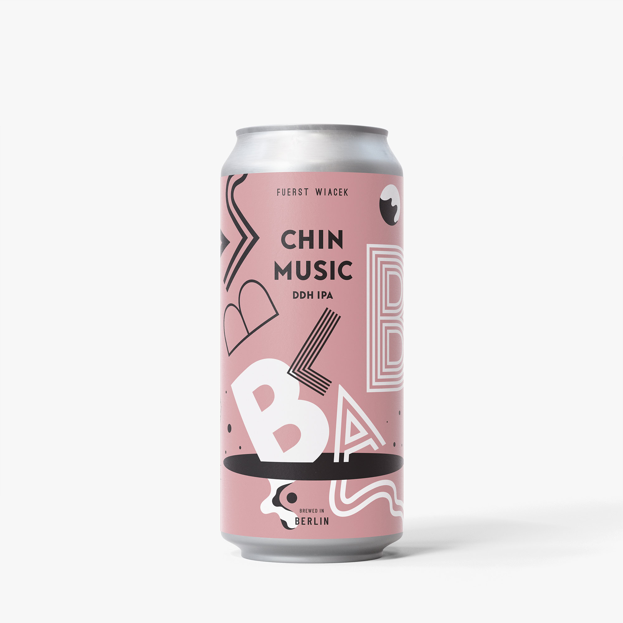 Modernes rosa Dosen-Design mit abstrakten Formen und fetter Typografie für FUERST WIACEK's Chin Music DDH IPA Craft Beer.