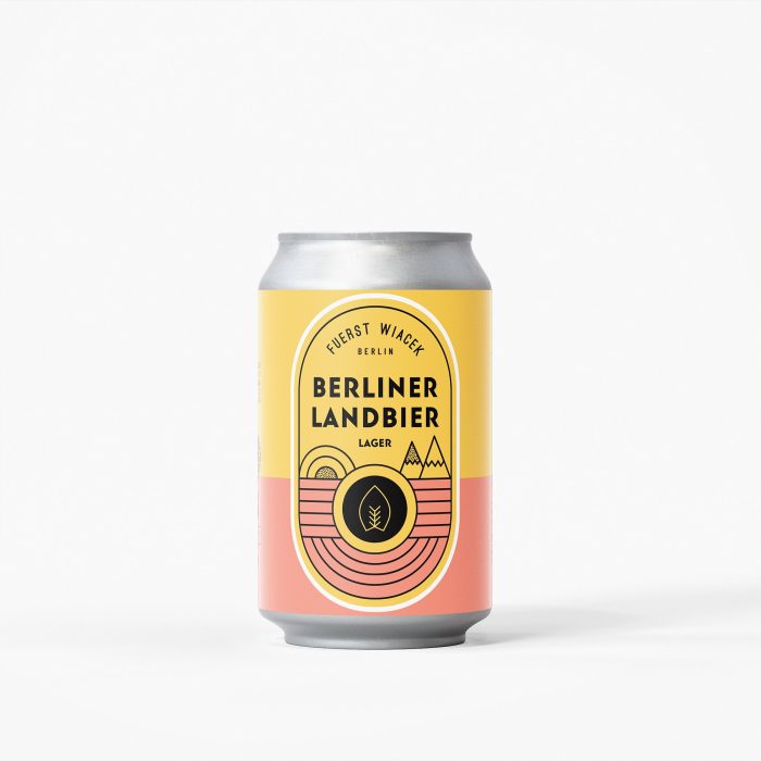 Vibrant can design featuring Berlin-themed artwork with mountains, sun, and leaf icon, highlighting Fuerswiacek Berlin Lager beer.
