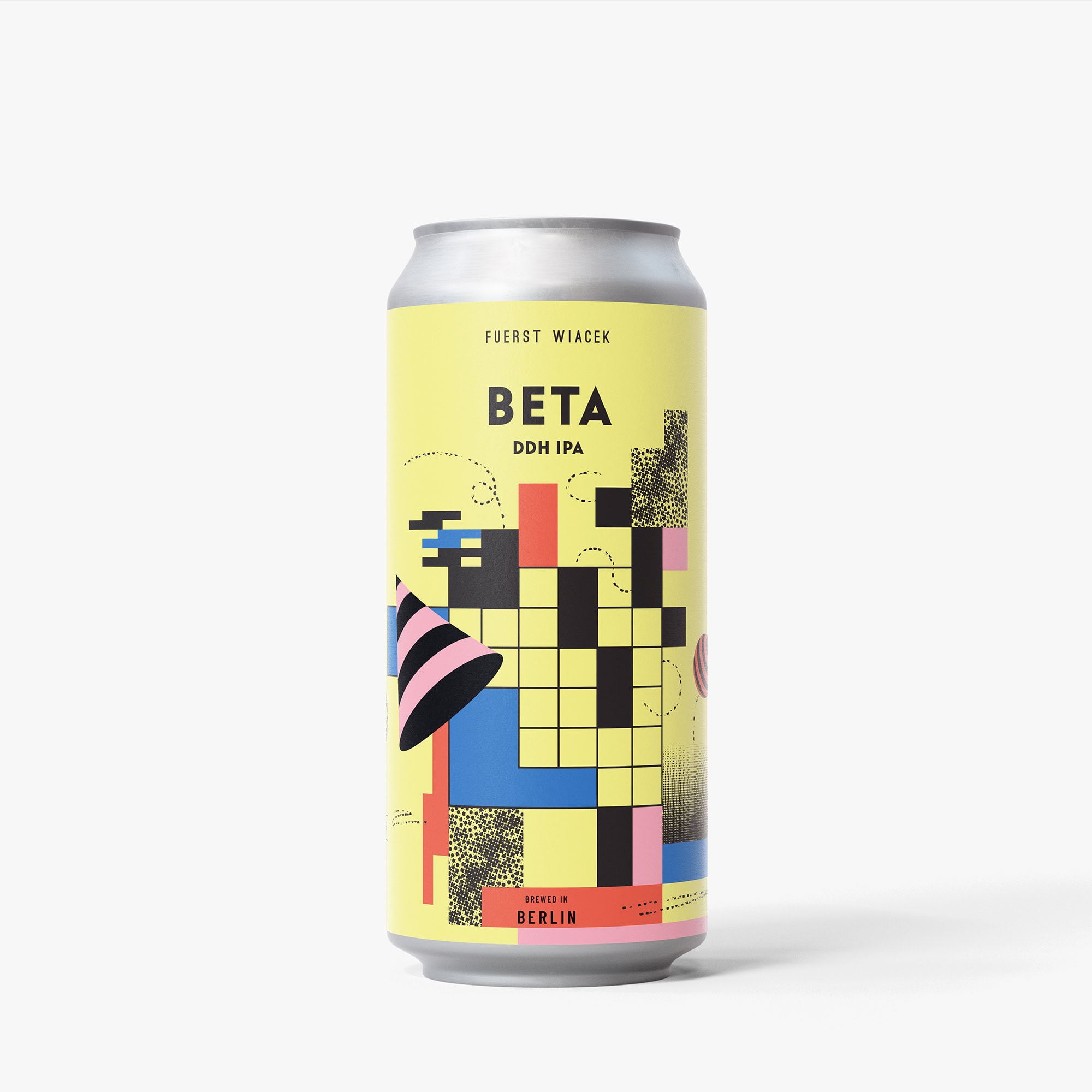 Betta DDH IPA beer can with colorful geometric design, brewed in Berlin by Fuerst Wiacek, showcasing craft brewing excellence and innovative label art.