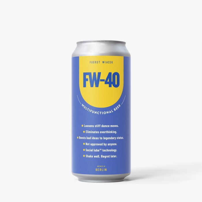 Branded craft beer can, FUERST WIACEK FW-40 multifunctional beer, Berlin brewed, modern beverage packaging with playful text, ideal for beer enthusiasts and collectors, stylish and vibrant design.