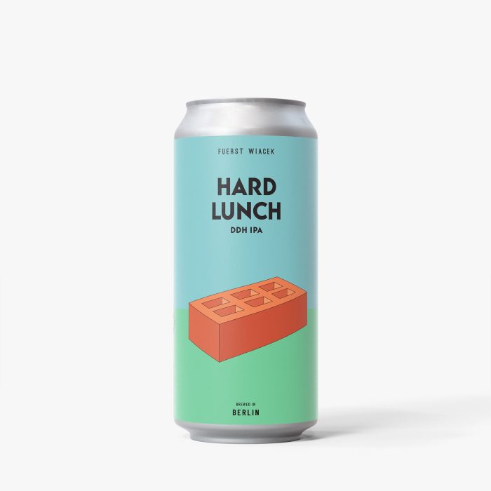 HARD LUNCH DDH IPA craft beer can with colorful label featuring brick illustration, brewed in Berlin by Fuerst Wiacek.