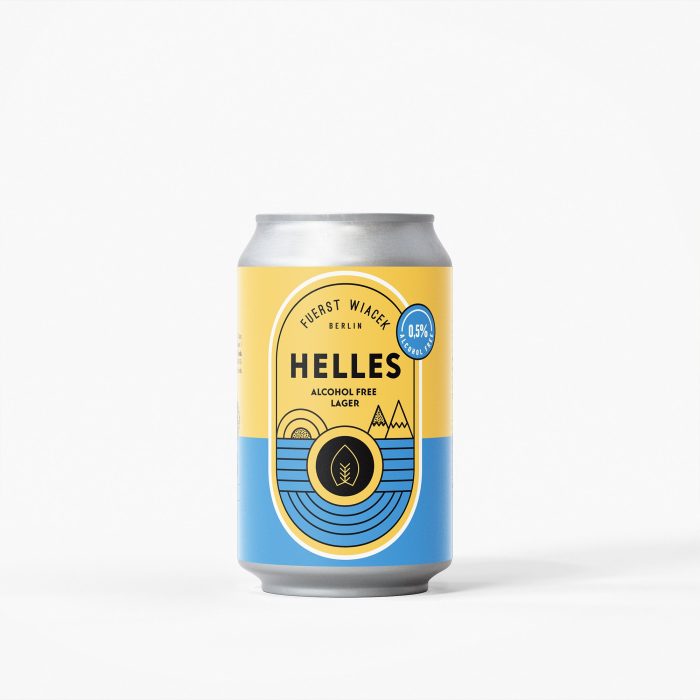 Bright yellow and blue can design of FUERST WIACEK Helles Alcohol Free Lager with mountain and lake illustration, emphasizing its refreshing and alcohol-free qualities.