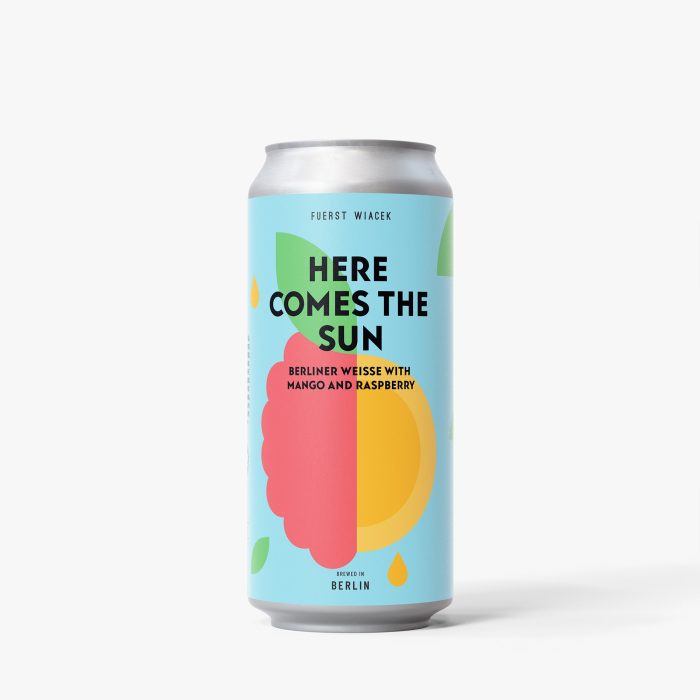 Canned beer with colorful label featuring citrus fruit and abstract design, brewed in Berlin by FUERST WIACEK, highlighting a summer-inspired Berliner Weisse with mango, raspberry, and sunshine themes.