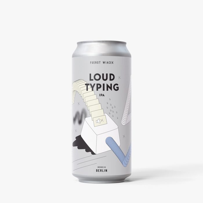 Loud Typing IPA beer can with modern abstract design, brewed by FUERST WIACEK in Berlin, highlighting craft beer and innovative packaging.