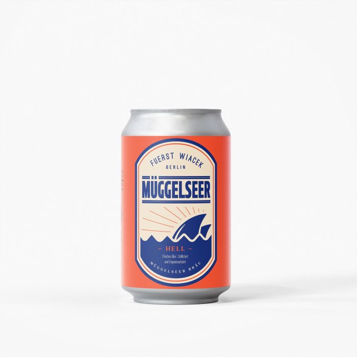 Vibrant beer can featuring FUERST WIACEK Berlin Muggelseer Hell with modern design, bold colors, and wave illustration, emphasizing the craft brewery's innovative beer offerings.
