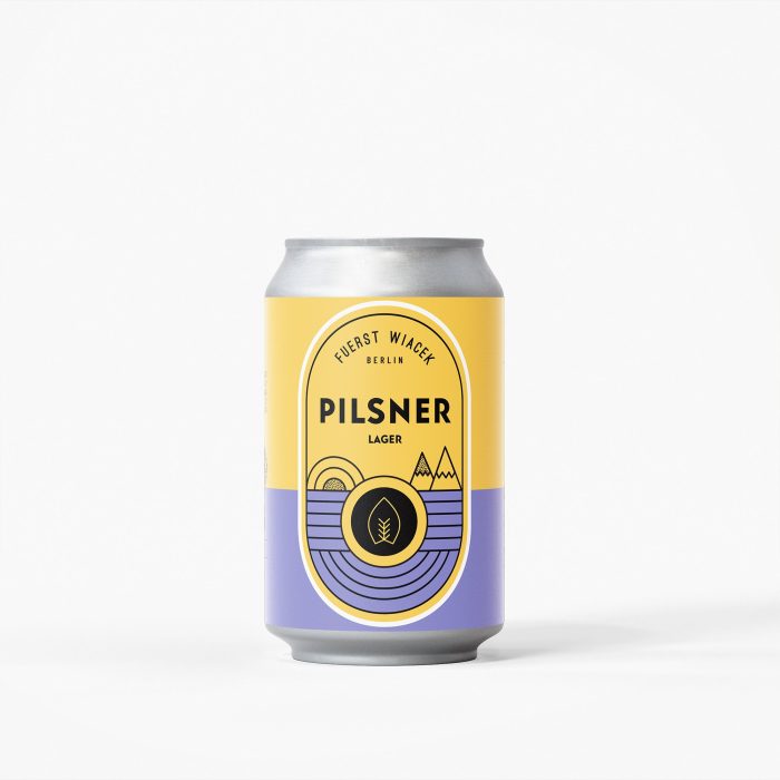 Bright yellow and purple can design featuring the Fuerst Wiacek Berlin Pilsner Lager beer can, showcasing modern branding and graphics.