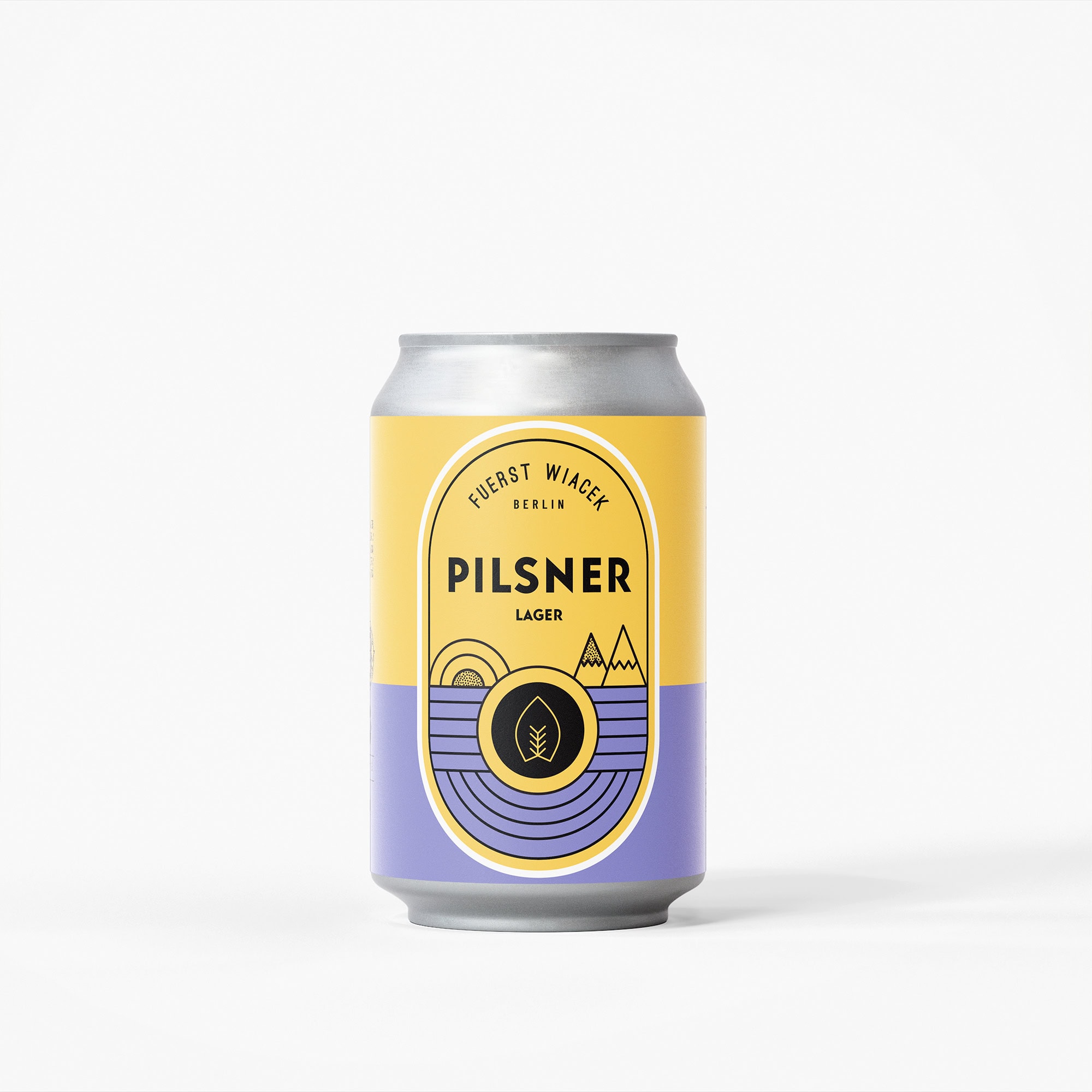 Helles Gelb und Violett können Design mit der Fuerst Wiacek Berlin Pilsner Lager Bierdose, das modernes Branding und Grafiken zeigt.