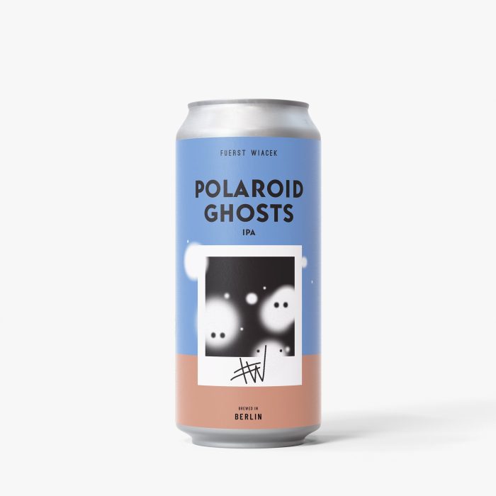 Polaroid Ghosts IPA beer can by Fuerst Wiacek, bold blue label, black and white graphic design, brewed in Berlin, showcasing craft beer and innovative brewing at Fuerst Wiacek Brewery.