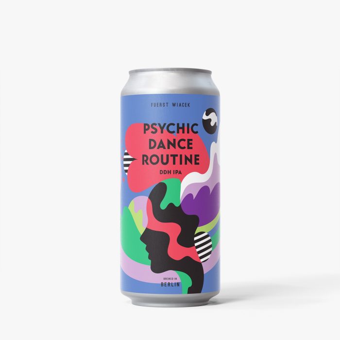 Vibrant can design of Psychic Dance Routine DDH IPA by Fuerst Wiacek Brewery, featuring colorful abstract art and bold typography.