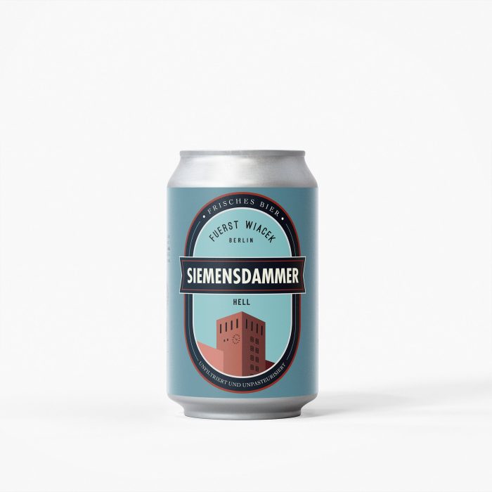 Siemensdammer beer can from FUERST WIACEK Brewery in Berlin, light and refreshing craft beer, unfiltered and unpasteurized, featuring modern design and quality brewing standards.