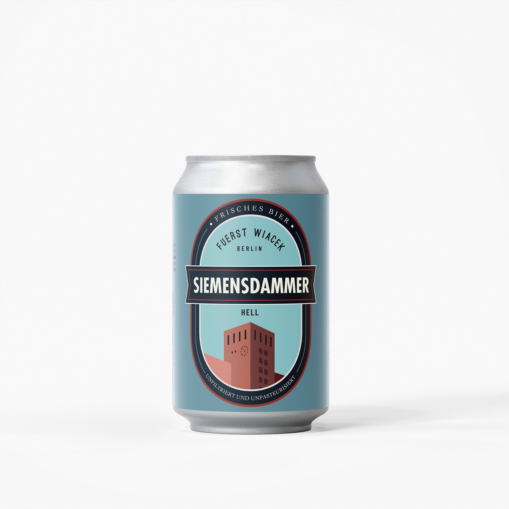 Siemensdammer Bierdose der Brauerei FUERST WIACEK in Berlin, leichtes und erfrischendes Craft Beer, unfiltriert und unpasteurisiert, mit modernem Design und Qualitätsstandards beim Brauen.