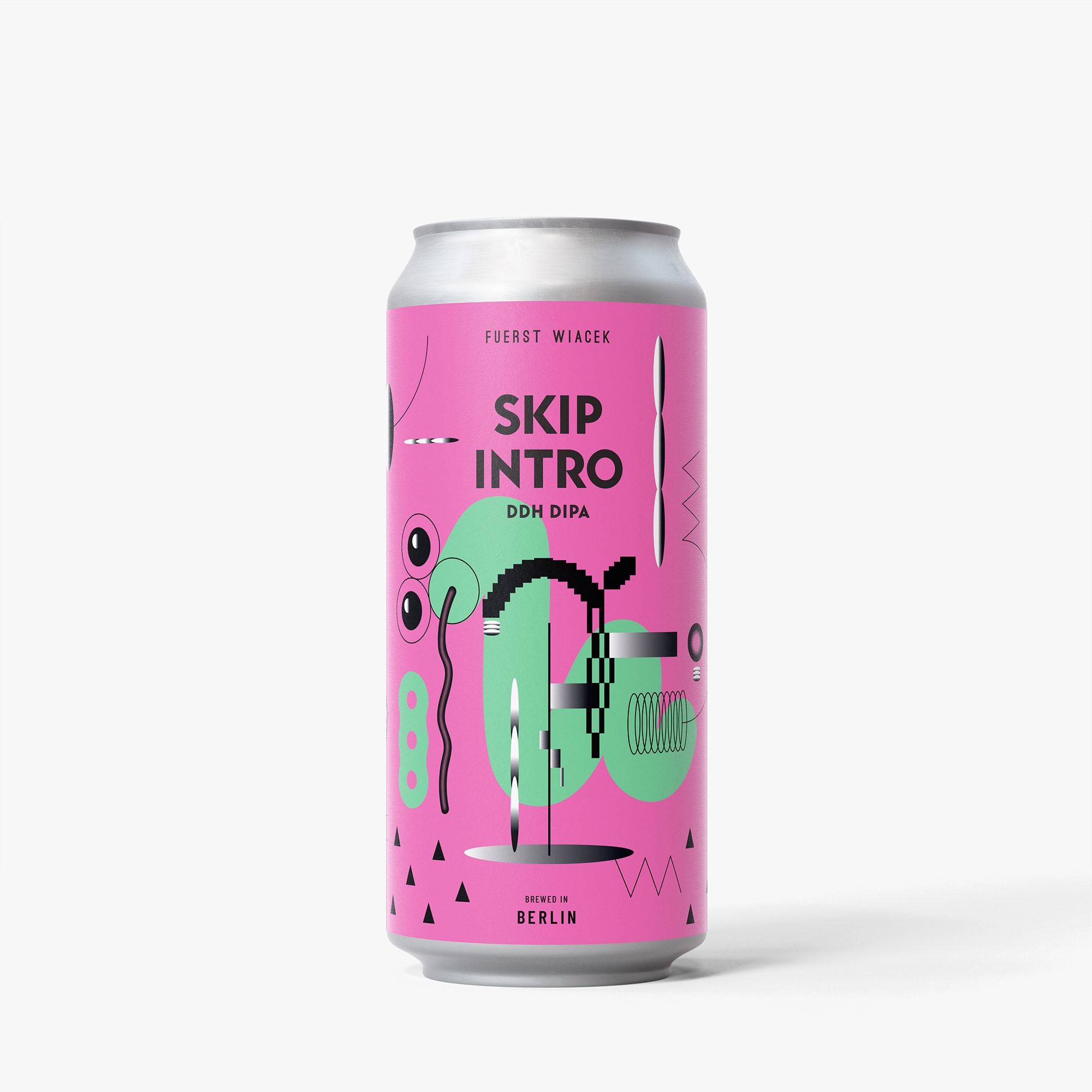 Die pinkfarbene Dose mit abstraktem Logo präsentiert das innovative Craft Beer SKIP INTRO DDH DIPA von FUERST WIACEK, gebraut in Berlin, in modernem, künstlerischem Design.
