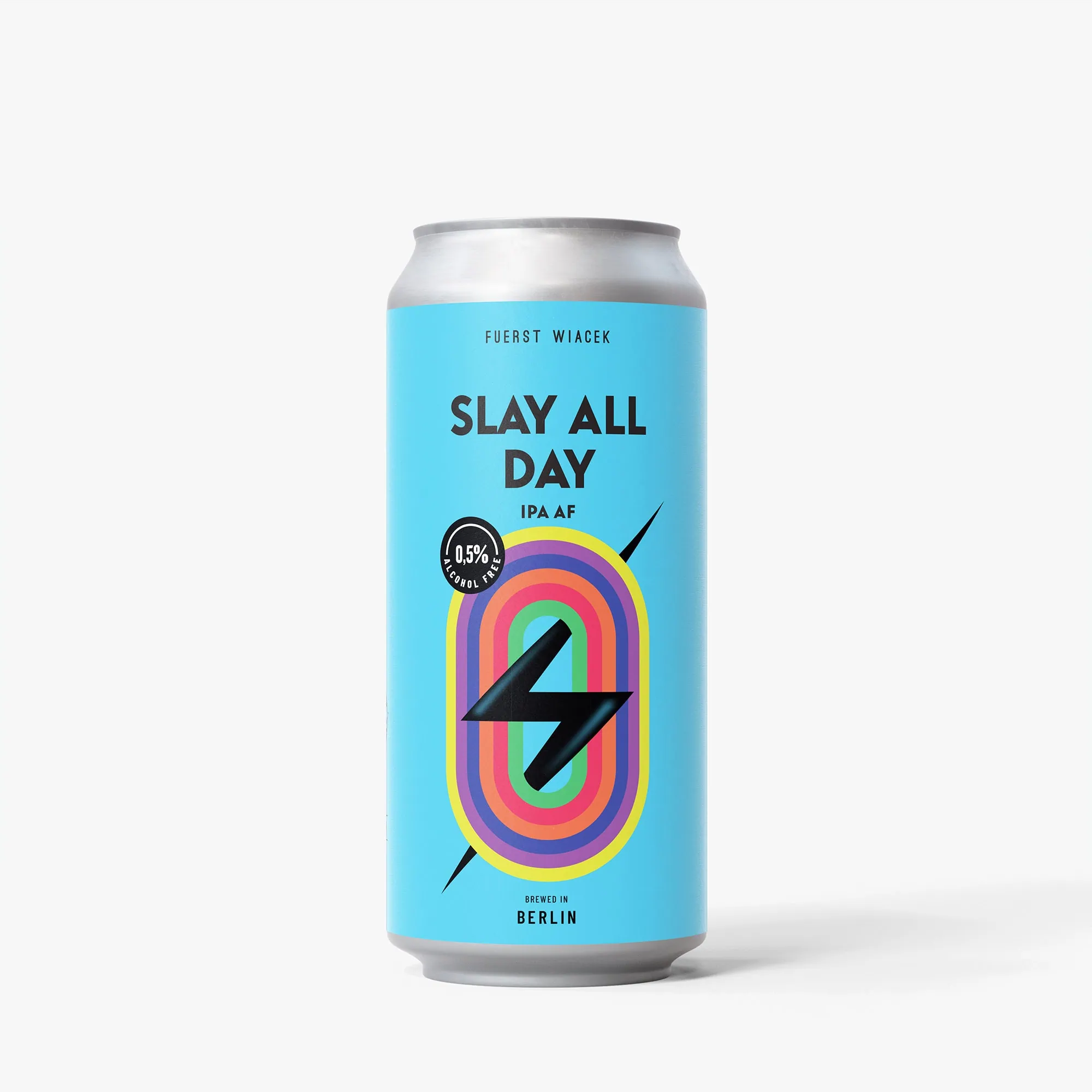 Scooter Can mit "Slay All Day" IPA Bier, mit buntem Regenbogenmotiv und Blitz, gebraut in Berlin, alkoholarmes, alkoholfreies Craft Beer, perfekt für Bierliebhaber und Craft Beer Enthusiasten.