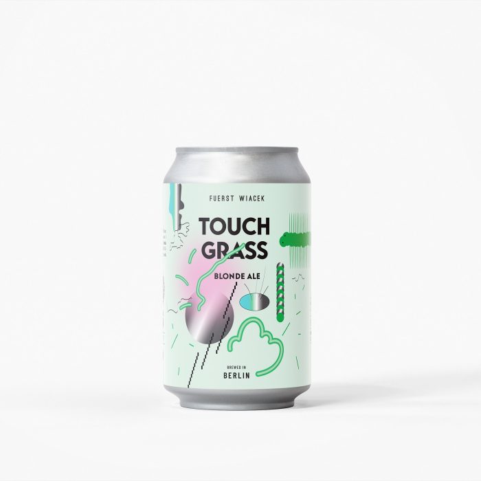 Vibrant can design of FUERST WIACEK Touch Grass Blonde Ale with abstract green and black illustrations, showcasing modern craft beer branding from Berlin.