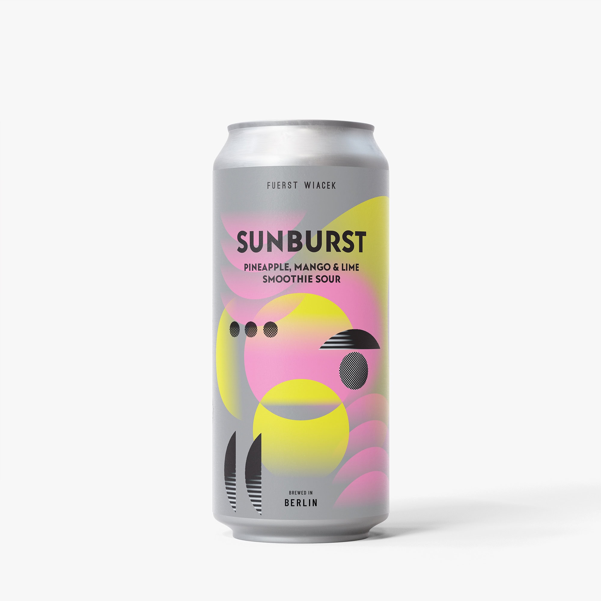 Lebendiges Dosendesign für das Bier Sunburst Pineapple Mango Lime Smoothie Sour von FUERST WIACEK mit farbenfroher geometrischer Grafik.