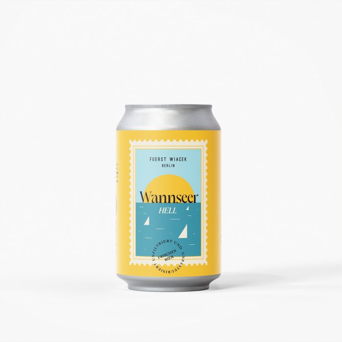 Creative craft beer can design with a modern, vibrant label highlighting Fuerst Wiacek Berlin brewery and the Wannsee Hell beer, emphasizing quality, freshness, and unique brewery branding.