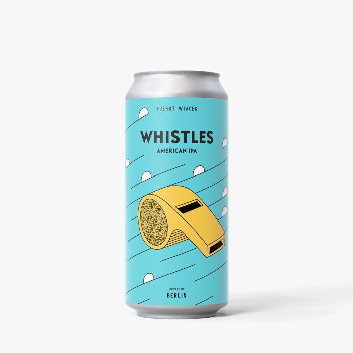 American IPA beer can featuring modern, colorful design with a yellow whistle illustration and blue background, brewed in Berlin by FUERST WIACEK Brewery.