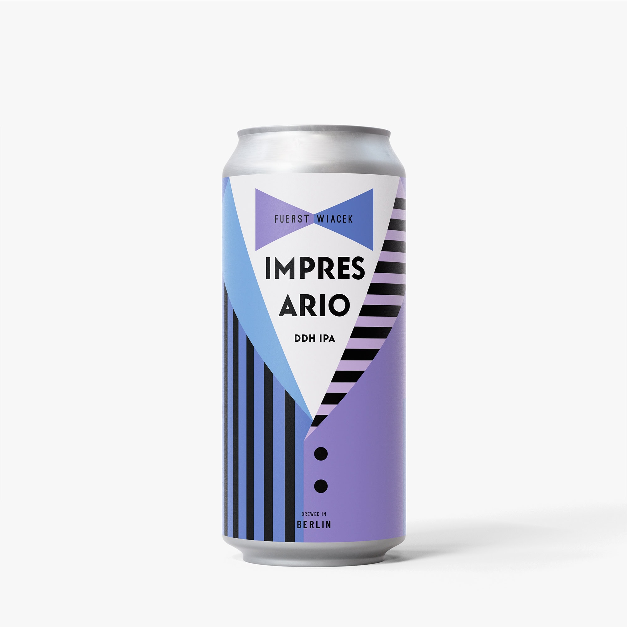 Fürst Wiacek Impresario DDH IPA Craft Beer Dose mit geometrischem Design in Lila, Blau und Schwarz, gebraut in Berlin, mit innovativen Brautechniken und kräftigen Aromen.
