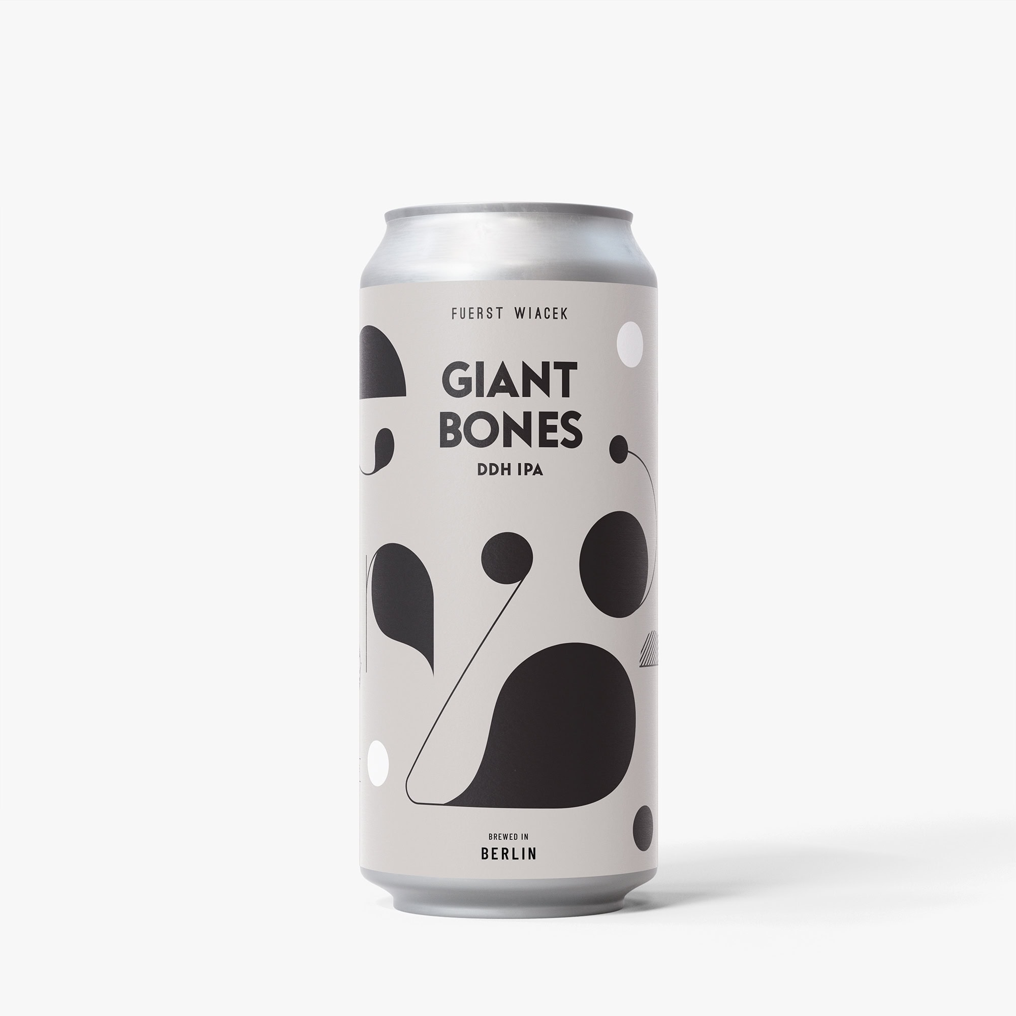 Giant Bones DDH IPA by Fuerst Wiacek Brewery, featuring a contemporary black and white abstract design on the can. Perfect for craft beer enthusiasts seeking innovative flavors from Berlin.