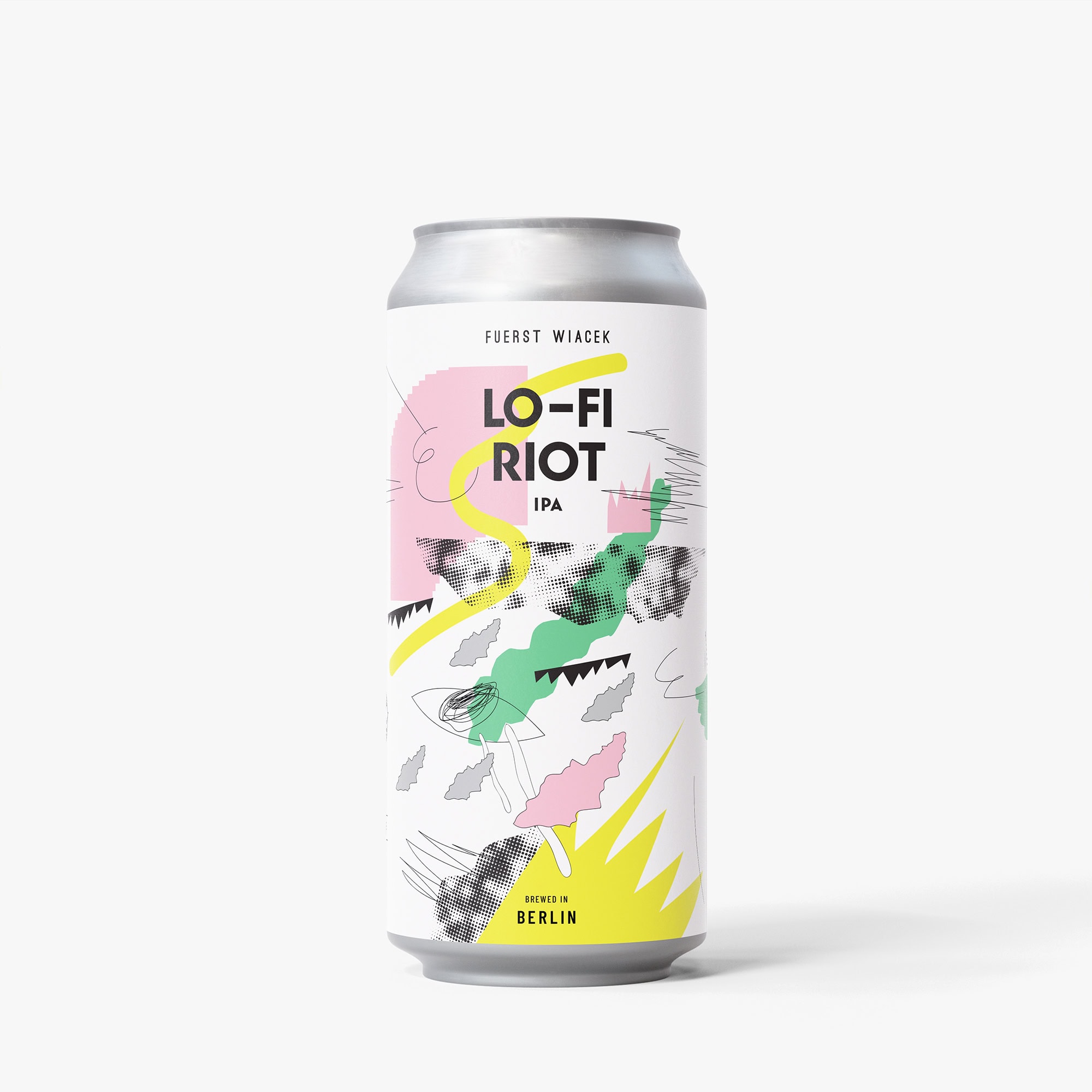 Crisp IPA beer can with colorful abstract label design, FUERST WIACEK brewery, Berliner Lo-Fi Riot IPA, craft beer, urban brewery, modern brewing art, high-quality beer packaging.
