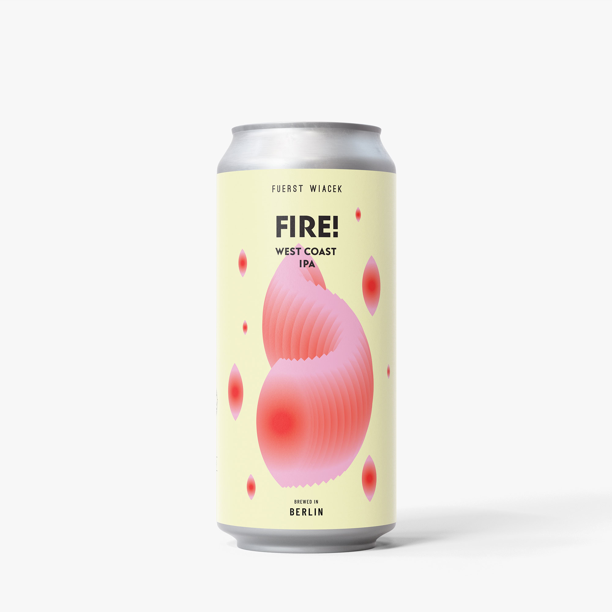 Close-up of Fuerst Wiacek Fire! West Coast IPA can with vibrant pink and red design, highlighting the brewery's craft beer and West Coast IPA style.