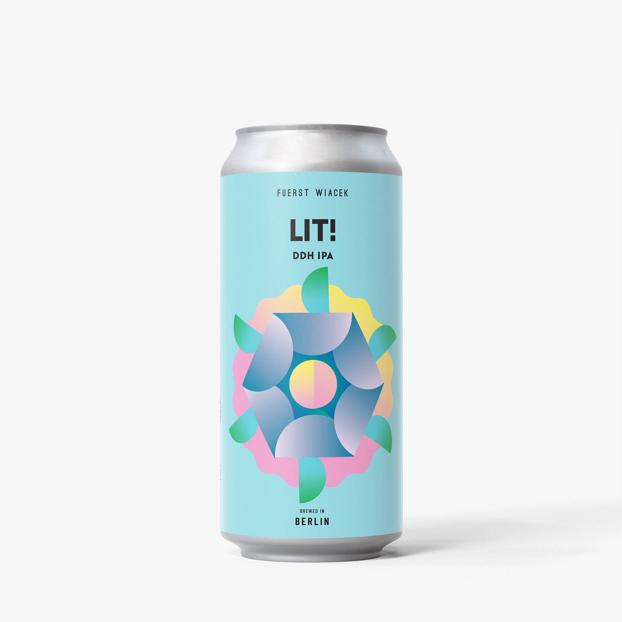 Can of Fuerst Wiacek Lit! DDH IPA featuring colorful, abstract design, brewed in Berlin, perfect for craft beer enthusiasts.