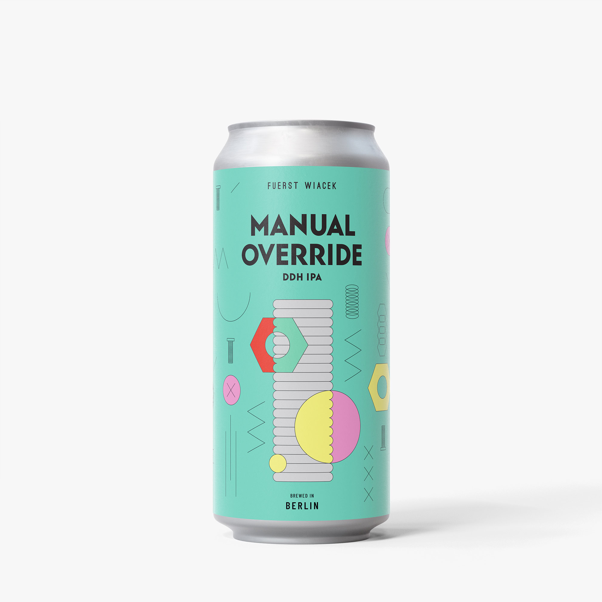 Can of FUERST WIACEK Manual Override DDH IPA craft beer with vibrant, modern label design featuring geometric shapes and bold colors.