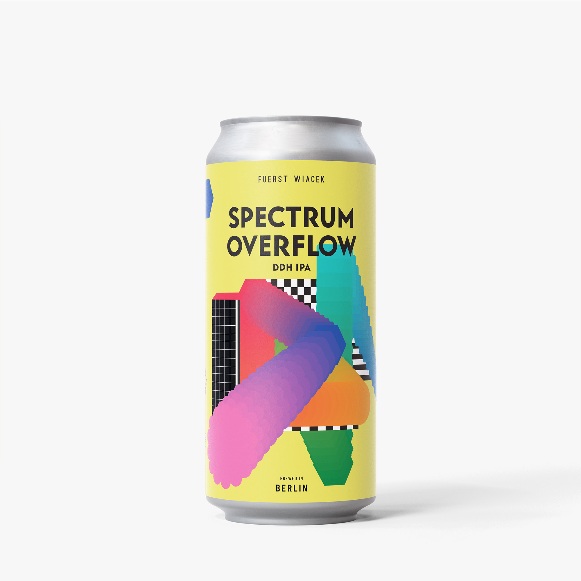 Dose Spectrum Overflow DDH IPA von Fuerst Wiacek Brewery, mit lebendigen, abstrakten geometrischen Motiven auf gelbem Hintergrund.