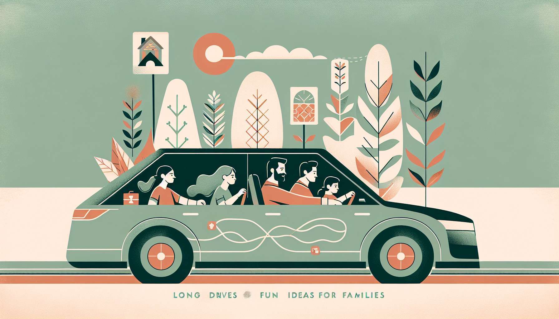 Car Games for Long Drives – playful New-Yorker style illustration (flat, minimal, muted pastels)